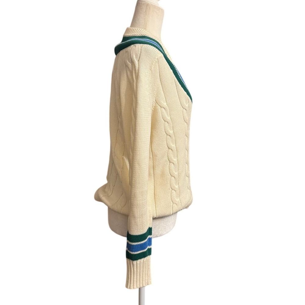 Vineyard Vines Cable V-Neck Varsity Sweater 100% Cotton Blue+Green Stripes (XS) - Picture 3 of 7